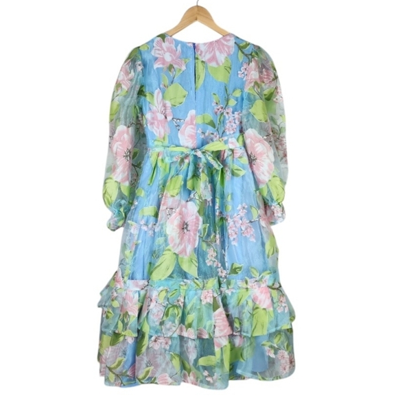 Handmade OOAK Floral Iridescent Ruffle Midi Dress Sheer Sleeve Coquette XS - Picture 3 of 16